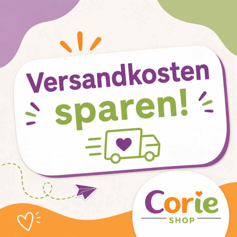 Versandkosten sparen! Versandkosten sparen! Grafik mit einem Lieferwagen und dem Text "Corie Shop".