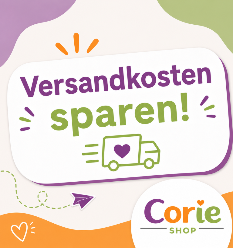 Versandkosten sparen! Grafik mit einem Lieferwagen und dem Text "Corie Shop".