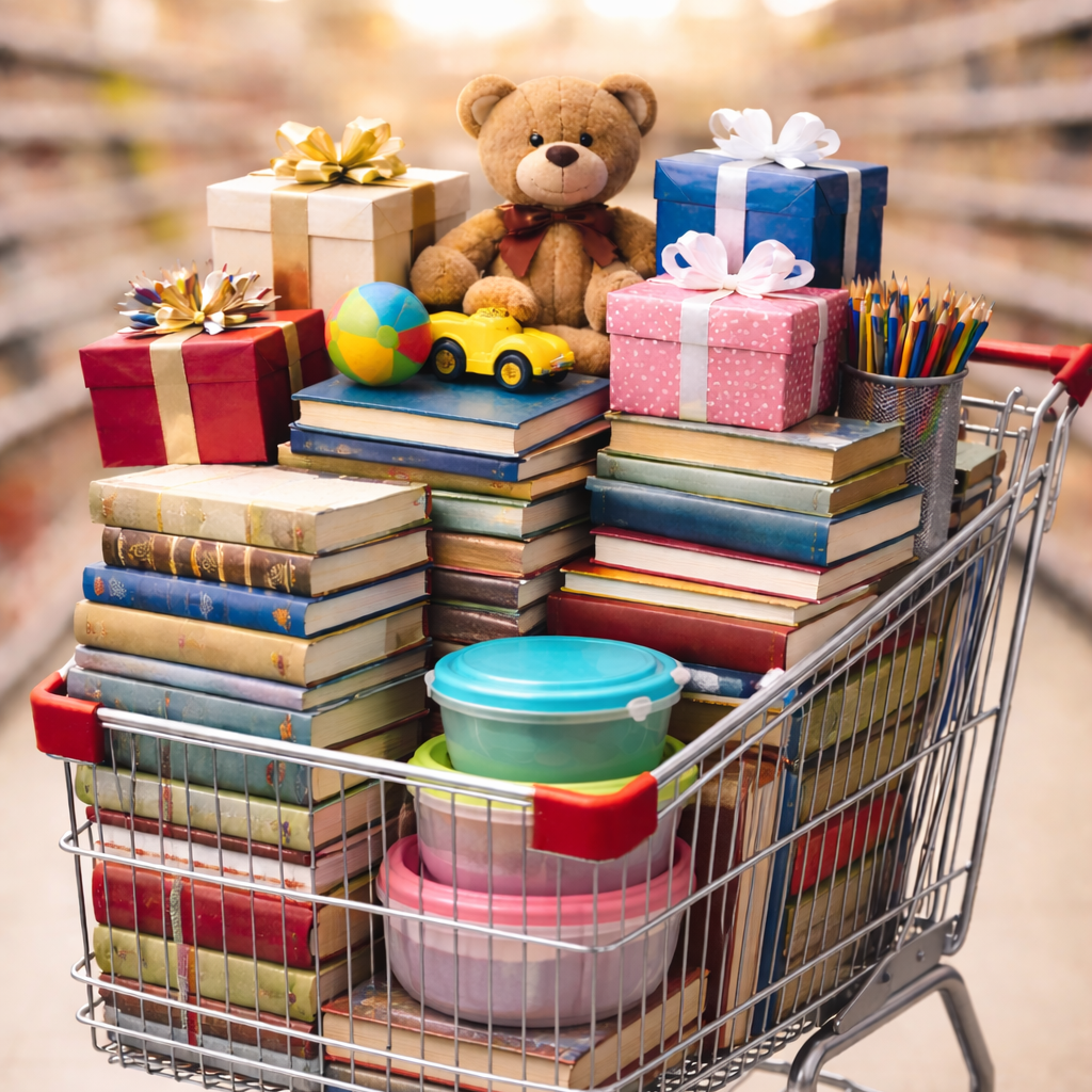Einkaufswagen voller Bücher, Geschenke, Spielzeug und Küchenartikel.