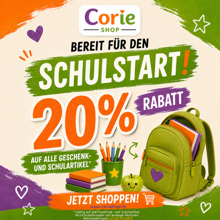 Grüner Schulrucksack und Stifte, 20% Rabatt auf Geschenk- und Schulartikel.
