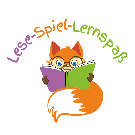 Logo Lese-Spiel-Lernspaß Illustration eines orangefarbenen Fuchses mit Brille, der ein Buch liest. Text in bunt darüber: „Lese-Spiel-Lernspaß“.