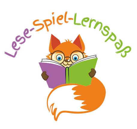 Logo Lese-Spiel-Lernspaß Illustration eines orangefarbenen Fuchses mit Brille, der ein Buch liest. Text in bunt darüber: „Lese-Spiel-Lernspaß“.